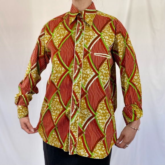 Vintage wax block print button up long sleeve blouse/shirt - Picture 3 of 7
